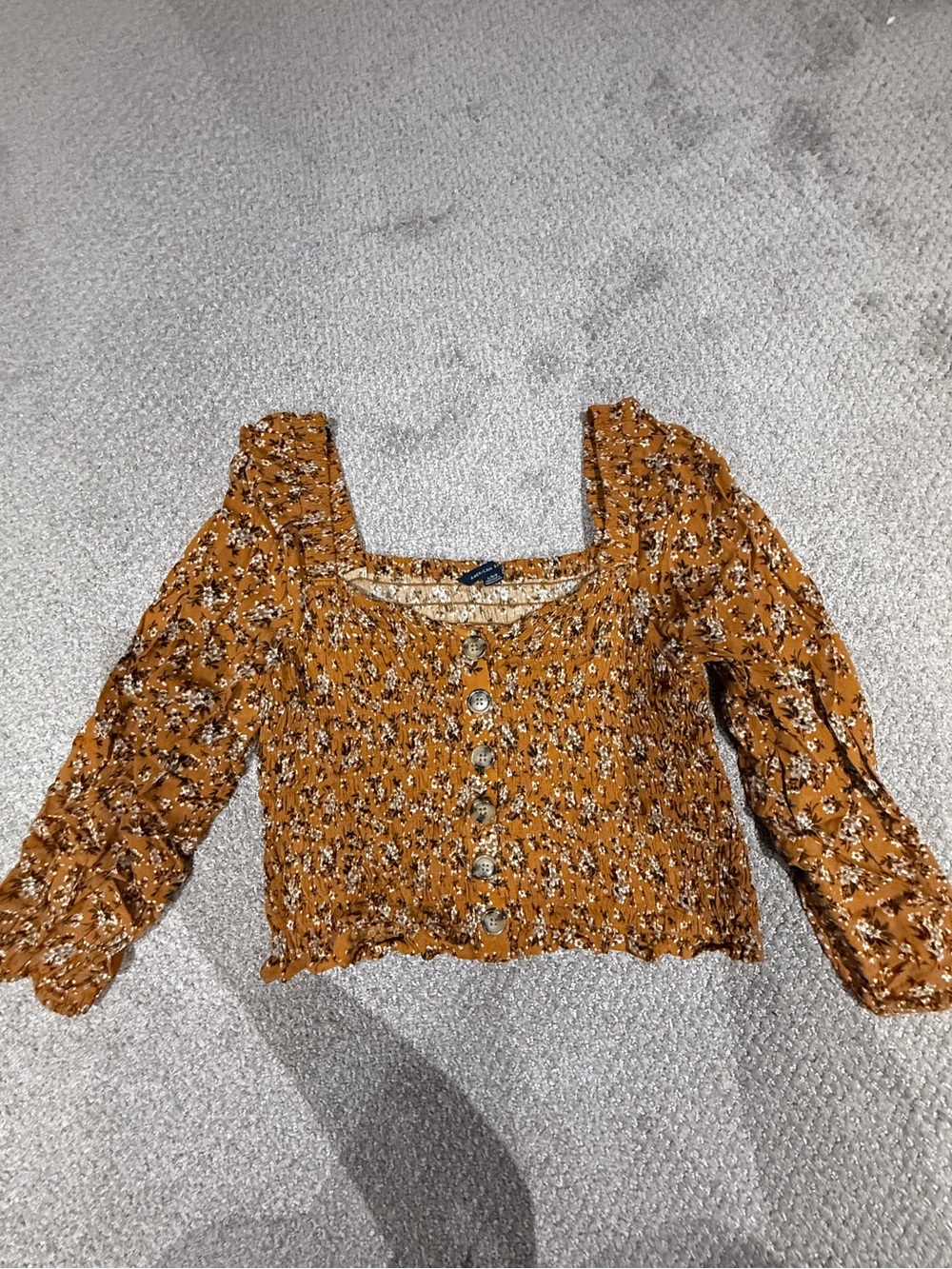 American Eagle Outfitters Mustard Floral Smocked Button-Front Crop Top